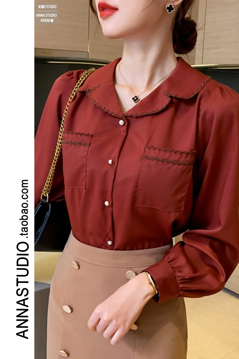 

2021 Early Spring New Red Retro Lapel Chiffon Shirt Long-sleeved Design Blouse French Niche Shirt