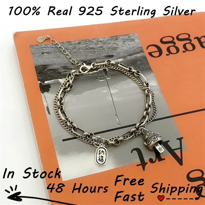 

100% Real Pulsera De Plata 925 Lucky Cat Chain Layer Bracelet Femme Unique Design S925 Thai Silver Retro Japan Fine Jewelry
