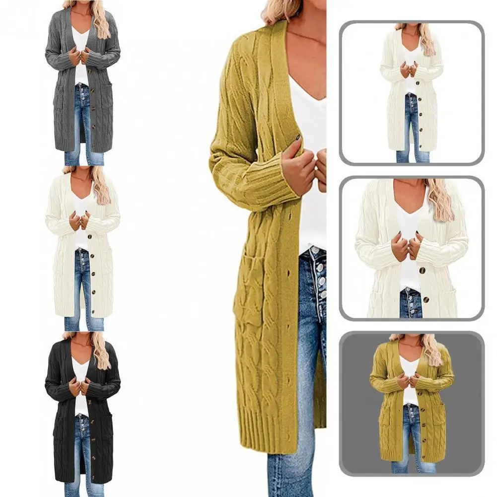 

Осенне-зимний модный свитер до колена с карманами, пальто на пуговицах, вязаное пальто с боковыми карманами для свиданий