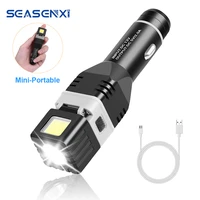 seasenxi led flashlight car chargeable mini flashlight powerful built in battery xpgcob lamp beads torch with security hammer