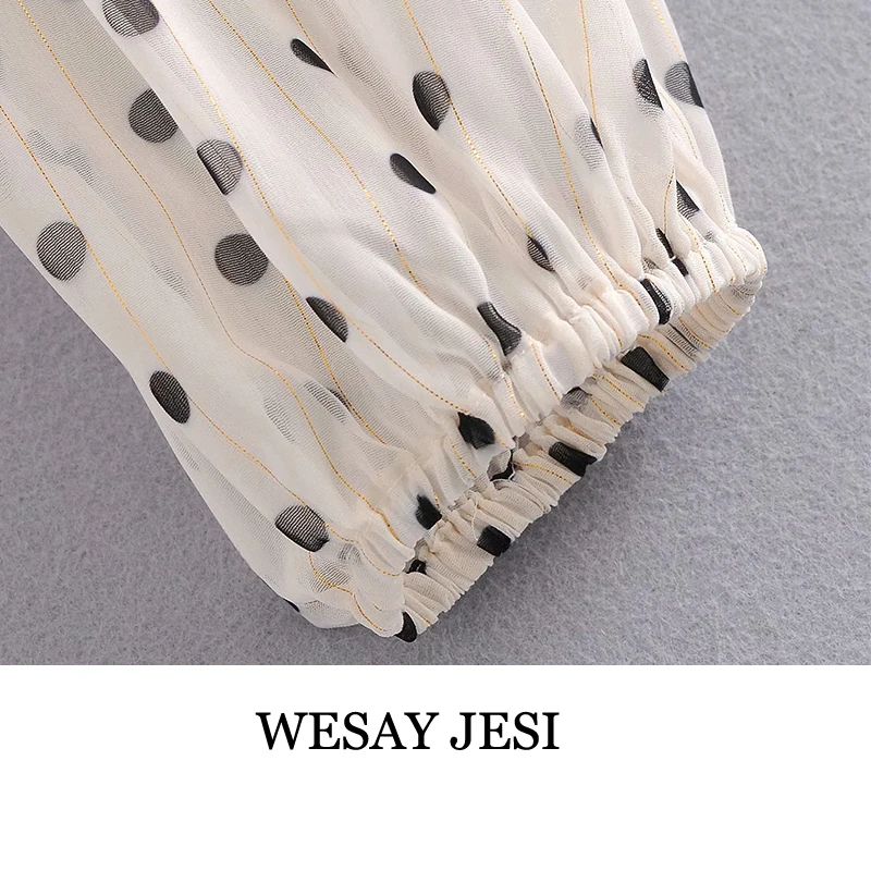 

WESAY JESI New 2021 Women Fashion Bow Collar Dots Print Casual Chiffon Blouse Office Lady Golden Line Shirt Chic Chemise Tops