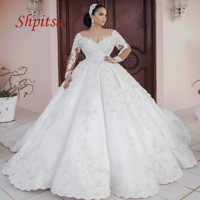 

Luxury Long Sleeve Lace Wedding Dresses Plus Size Ball Gown Sexy White Ivory Women Flowers Crystal Beaded Bridal Bride Dresses