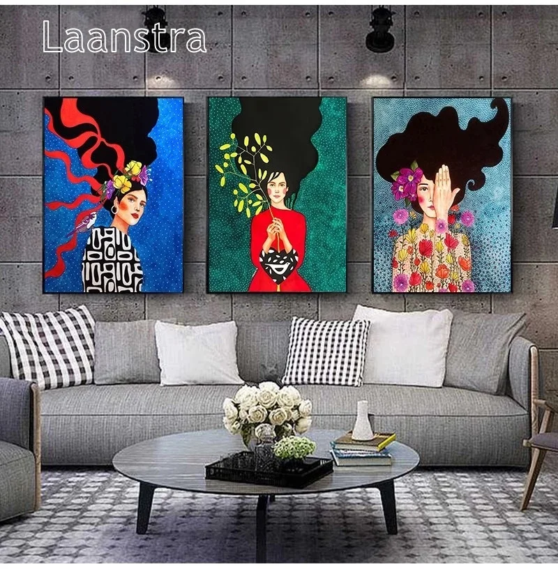 

Vintage Abstract Girl Hair Flower Women Wall Art Canvas Painting Fashion Nordic Poster Wall Pictures for Living Room Unframed