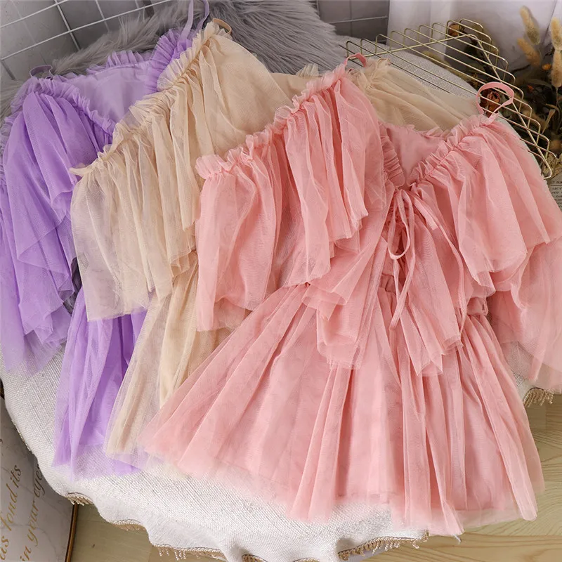 

Slash Neck Mesh Blouse 2021 Spring Summer Women V Neck Tie Bow Ruffles Lace Blouses Ladies Fairy Short Sling Chiffon Shirt 2195