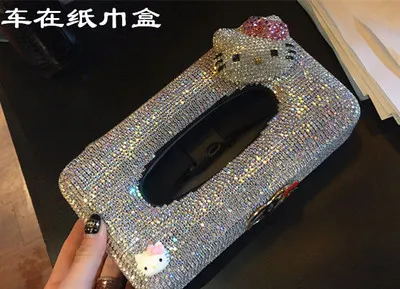 Автомобильная коробка для салфеток, держатель для салфеток с кошкой Китти, Стразы ручной работы, коробки для украшения дома и кухни, контейнер для Hello Kitty
