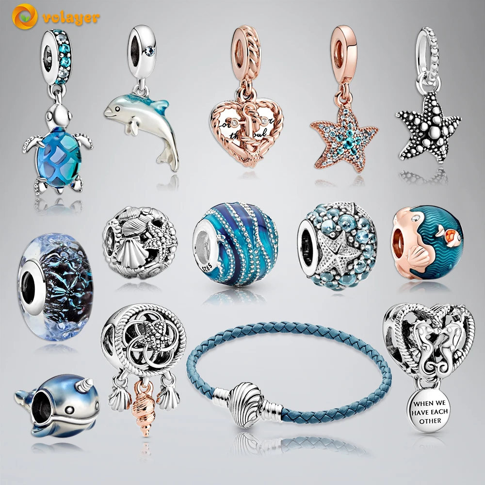 

Volayer 925 Sterling Silver Beads Sea Turtle Starfish Murano Glass Ocean Charms fit Original Pandora Bracelets Women Jewelry