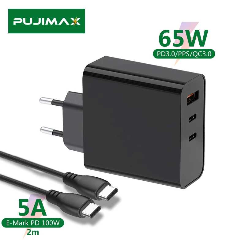 

PUJIMAX PD 65W Charger 3-Port GaN USB-C QC4.0 3.0 Fast Adapter With 2m 100W Cable For Macbook Pro Xiaomi Laptop iPhone Samsung