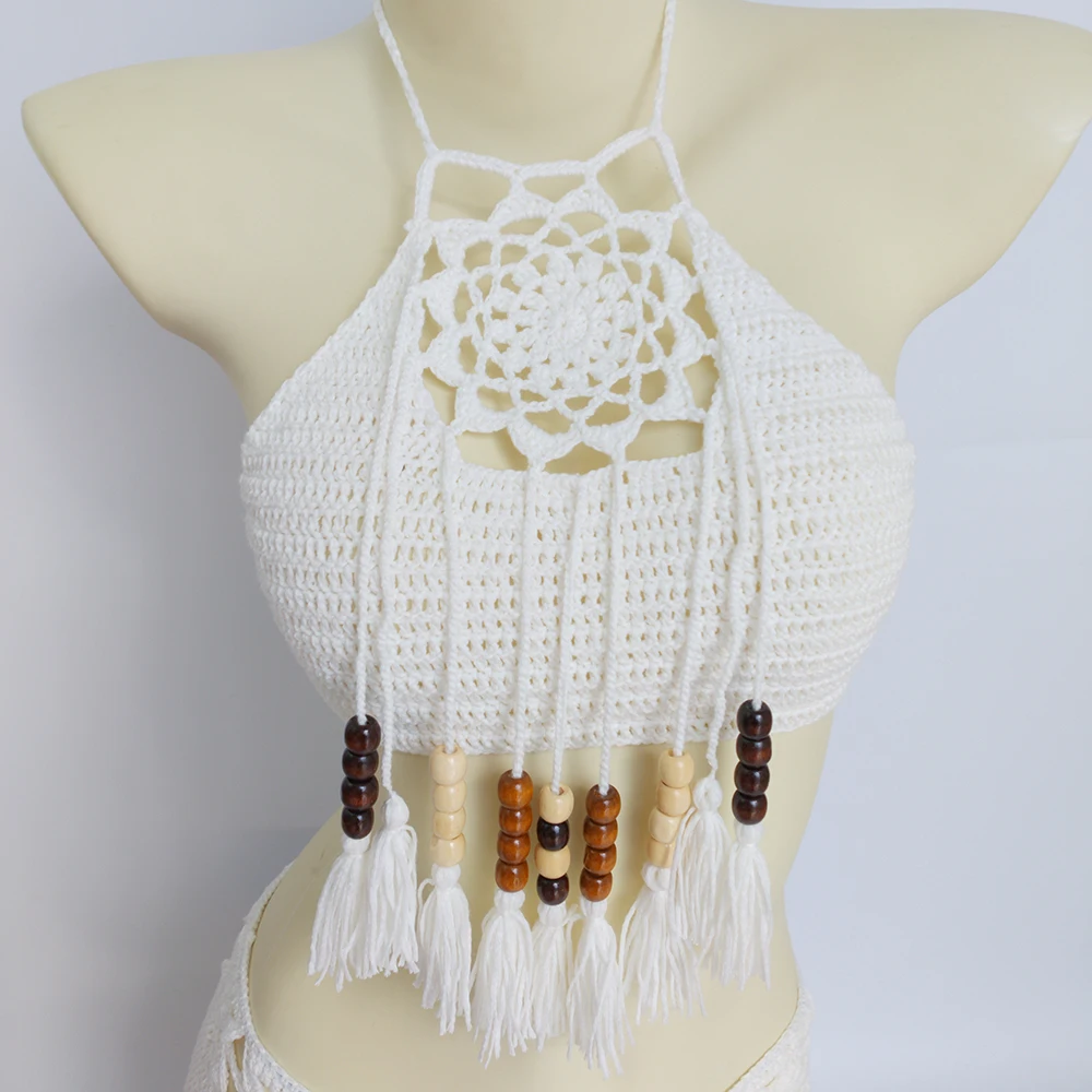 Сексуальный женский бикини с кисточками Топ Белый Boho пляжный купальник бахрома вязаная крючком бикини бюстгальтер Холтер Лифчики майка Купальник Горячая Распродажа