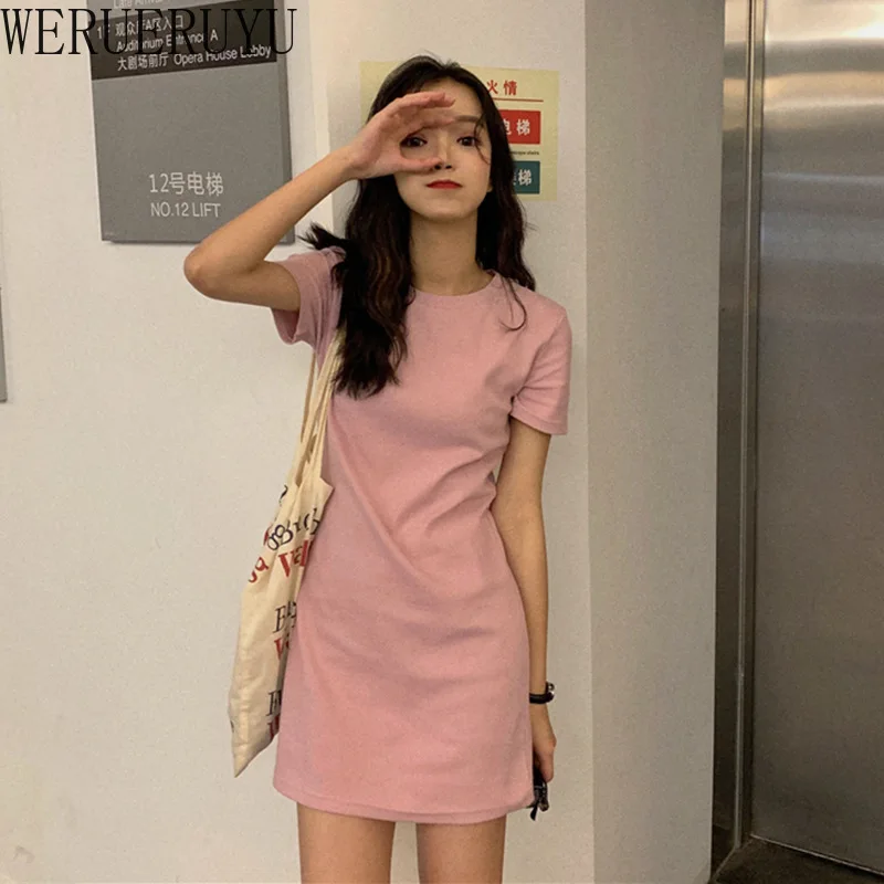 

New Short Sleeve Harajuku Mini Dress Women Clothing Summer Korean Fashion Pink Black Blue Woman Dresses Casual Clothes 2021