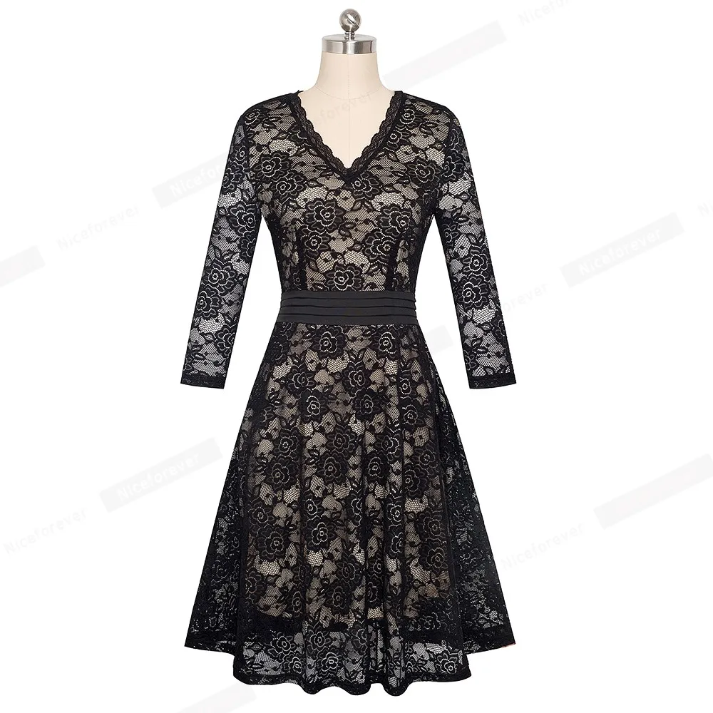 Nice-Forever Ретро Элегантный пэтчворк с цветочным кружевом А-силуэта vestidos деловые