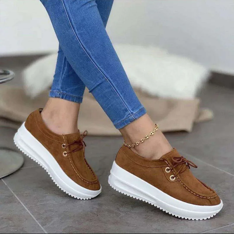

Vulcanized Shoes Women's 2021 Fashion New Comfortable Flock Ladies Sewing Flat Platform Lace-Up Casual Female Shoes Plus Size