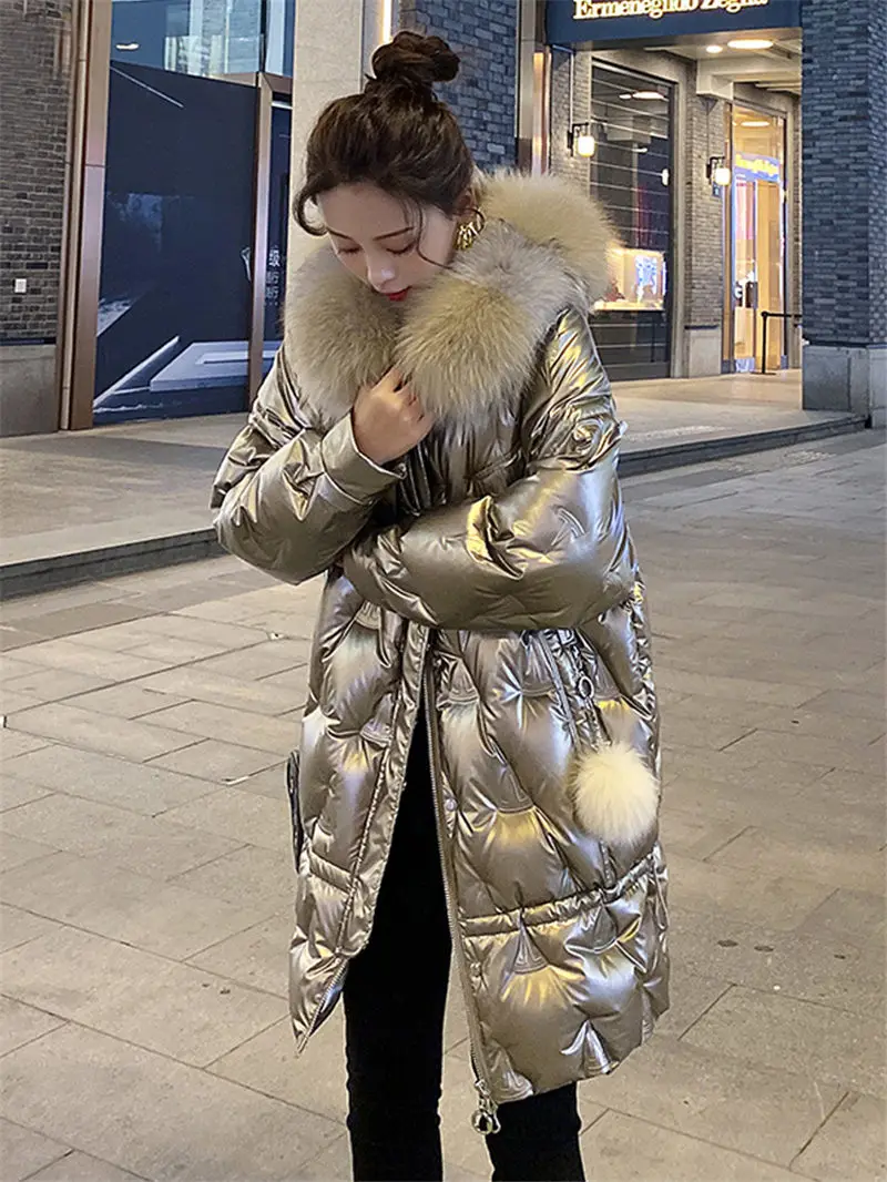 

Women Elegant Fur Cotton Parka Coat Women Shiny Down Padded Jacket Winter New Mid-Length Outerwear Hooded Mujer Abrigos M2166