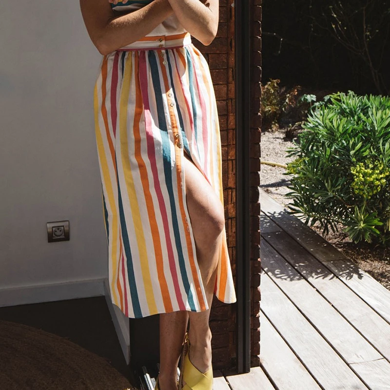 

2021 summer French niche rainbow stripes linen cotton button pocket elastic high waist A-line skirt skirt