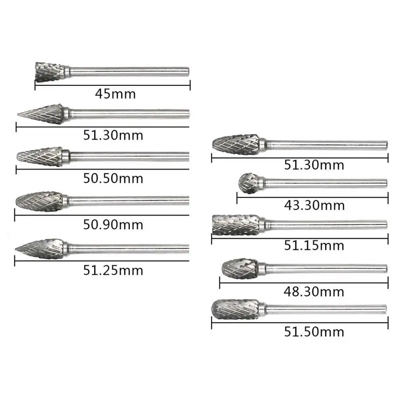 

10pcs Drill Bit Set For Metal Shank Grinding Head Tungsten Carbide Milling Cutter Rotary Drills For Iron Steel Carbon Steel