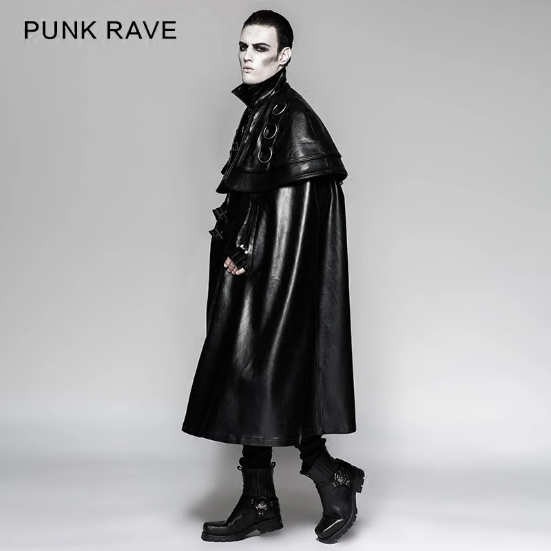 PUNK RAVE Men Punk Rock Long Cloak Steampunk Leathe Cape Coat Party Stage Perform Black Trench | Мужская одежда