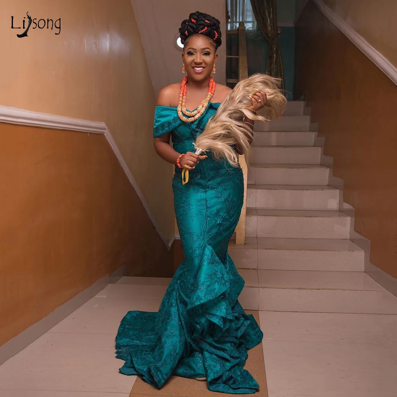 

Женские вечерние платья с открытыми плечами, Длинные вечерние платья в африканском стиле, кружевные вечерние платья с оборками, размера плю...