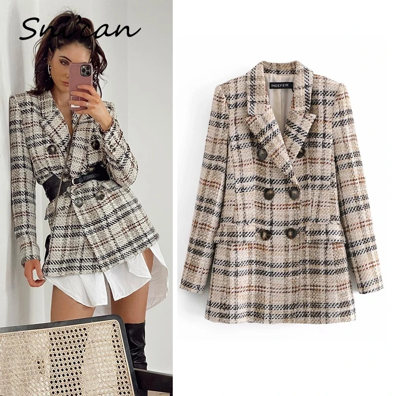 

Snican Women Plaid Tweed Jacket Coat With Pockets Office Ladies Double Breasted Tops Outwear Za Surchemise Femme Carreaux Veste