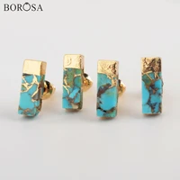 borosa new rectangle gold color natural turquoises stud earrings gold line turquoises gems statement earrings for women g1987