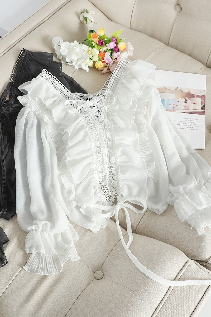 

Early Autumn New Chiffon Shirt Women's Chic Hong Kong Style Ruffled Tied V-neck Super Ethereal Graceful Top C315