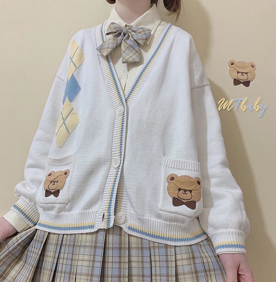 

Autumn Winter Knit Cardigan Women Japanese Soft Cute Sweet Bear Pattern Pocket V-neck Long Sleeve Sweater Jacket Girl Overcoat