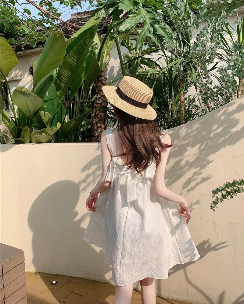 

Loose Cute Summer 2021 Women Mimi Dress Pullovers Stapless Sleeveless Bow Sling Dress Solid High-Waisted A-word Dress 321F