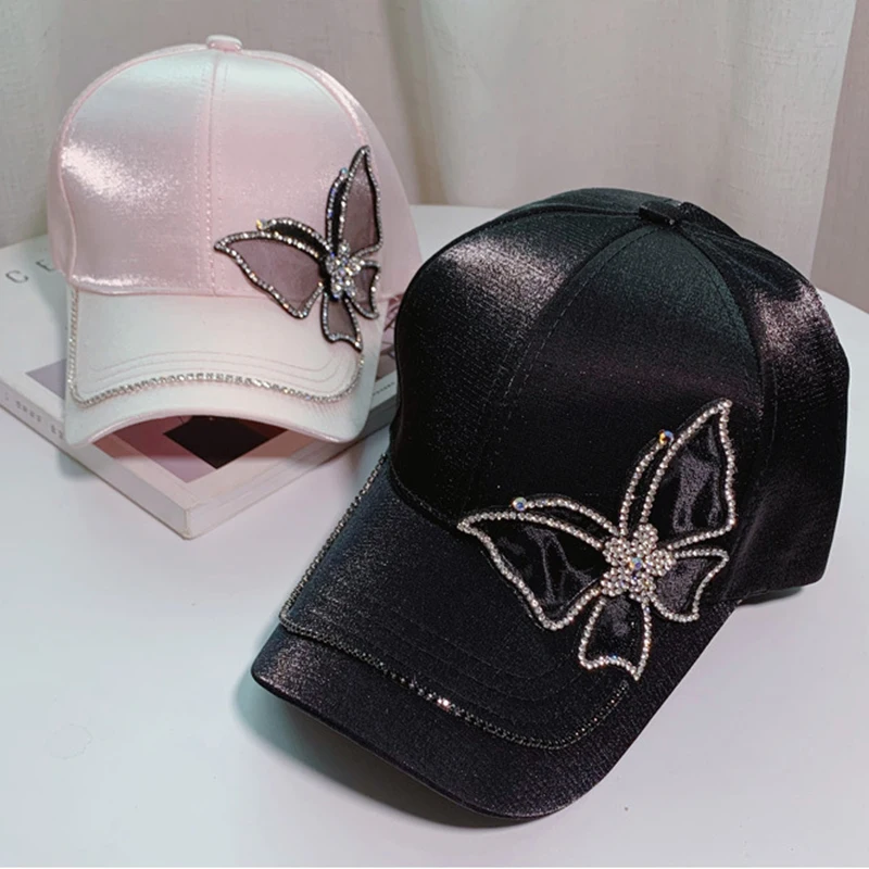 

Блестящие стразы, бейсбольная кепка с бабочкой, Женская весенне-Летняя шелковая атласная Кепка Snapback, модная пляжная кепка с козырьком