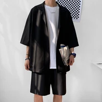 korean style mens set suit jacket and shorts solid thin short sleeve single pocket knee length summer oversized clothing man