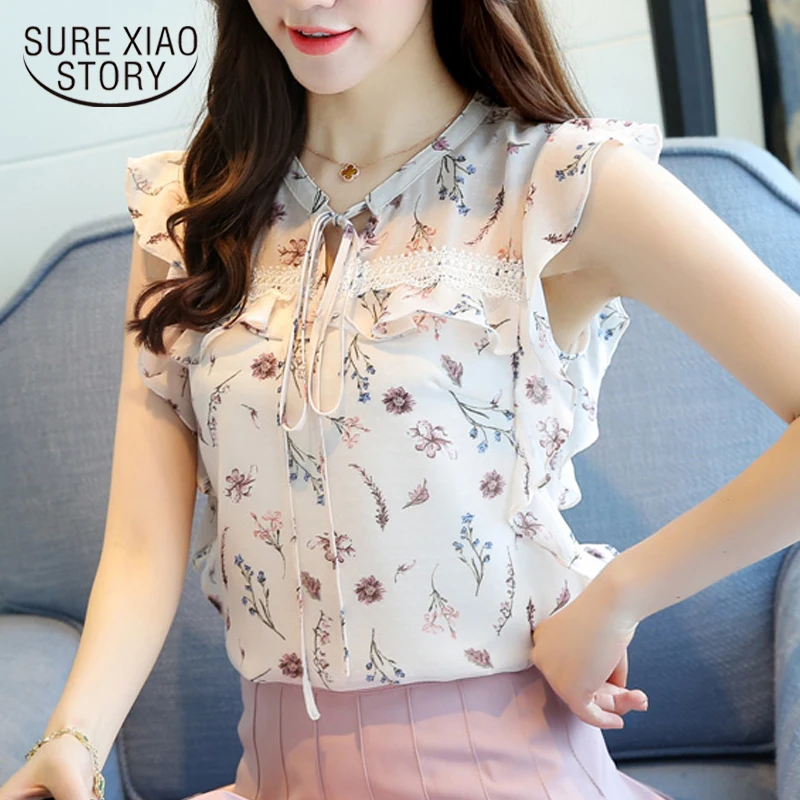 

Women Clothing New Summer Chiffon Sleeveless Women Blouses Casual Sweet Lady Fashion Bow White Print Blouses Blusas 0111 30