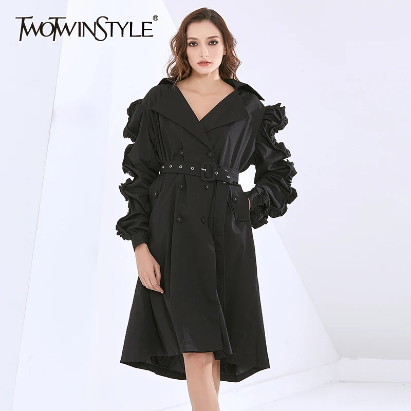 

Женская Повседневная ветровка TWOTWINSTYLE, черный Тренч с рюшами и длинным рукавом, с поясом и рюшами