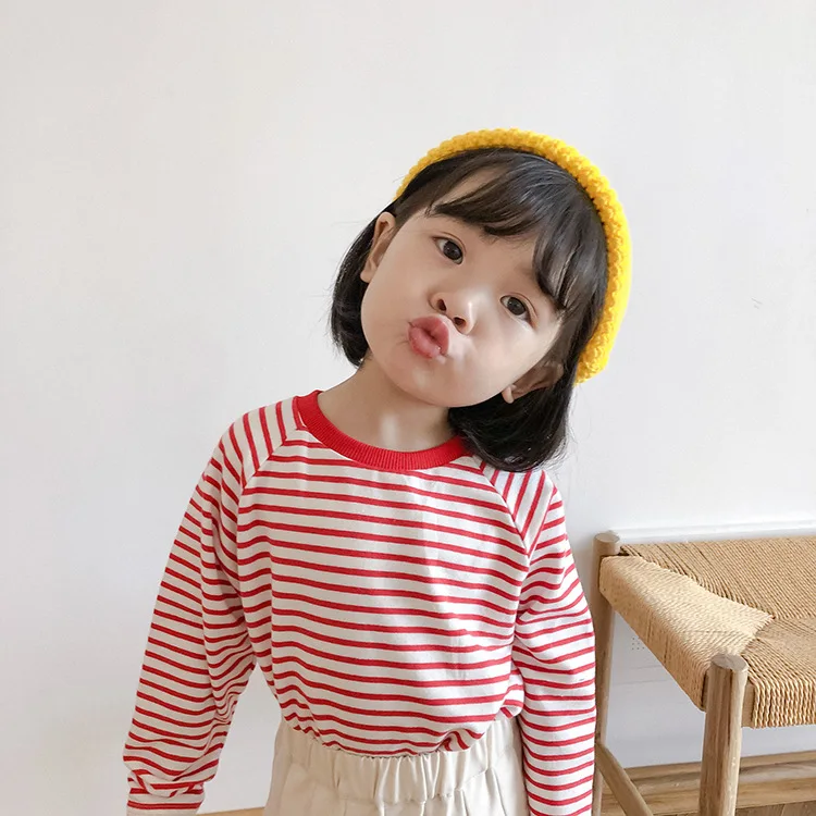 Весенне-Осенние футболки в полоску из чистого хлопка для девочек универсальные с