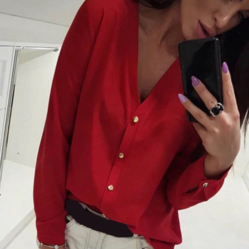 

Women Blouse Tops Casual V Neck Loose Sexy Solid Long Sleeve Work Shirts 2020 Fashion Elegant Tops Blusar Autumn Spring Full