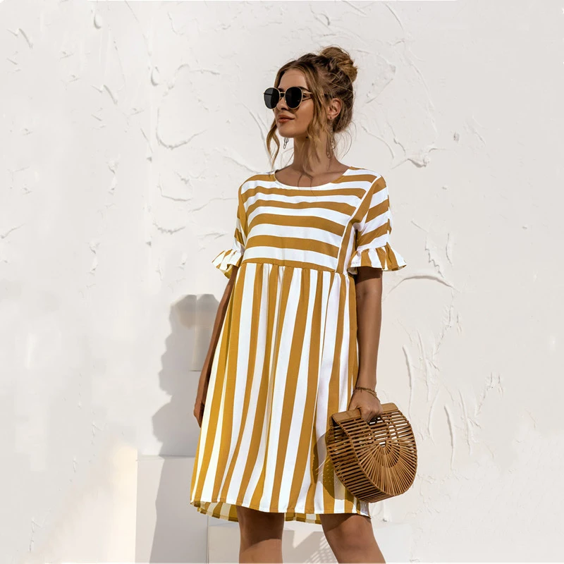 

2021 Summer Fashion Women Dress Casual O-Neck Loose Stripe Female Dress Elegant High Waist Short Sleeve Patchwork Lady Dress