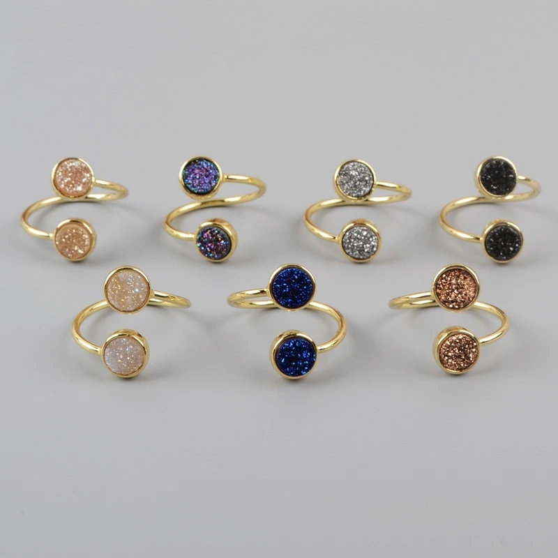 Natural Agates Double Stone Rings Multi-Colors Druzy Adjustable Ring Pink Black Drusy Women Friendship Gift Dropship | Украшения и