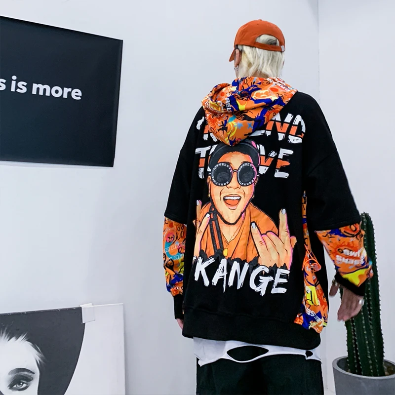 

Hip Hop Men Hoodie Sweatshirt Big Pockets Colorful Patchwork Rock Print Harajuku Hoodie Streetwear Casual Black Pullover Cotton