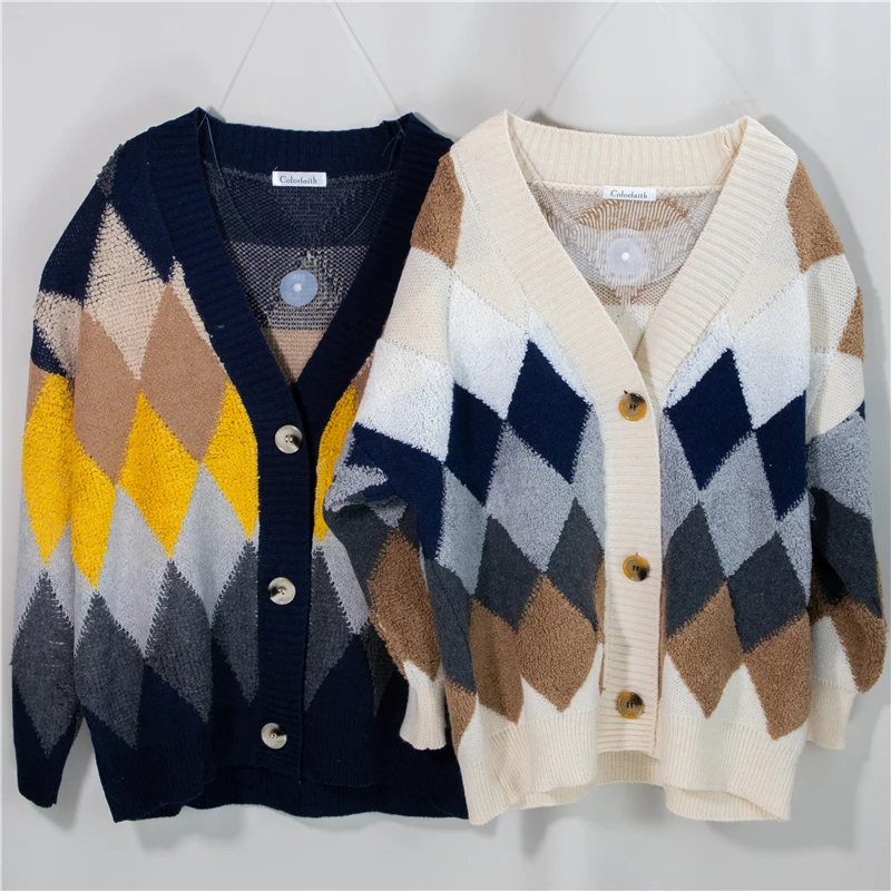 

2021 Women's Sweaters Winter Spring Plaid V-Neck Cardigans Button Puff Sleeve Checkered Oversize Sweater Tops SW658