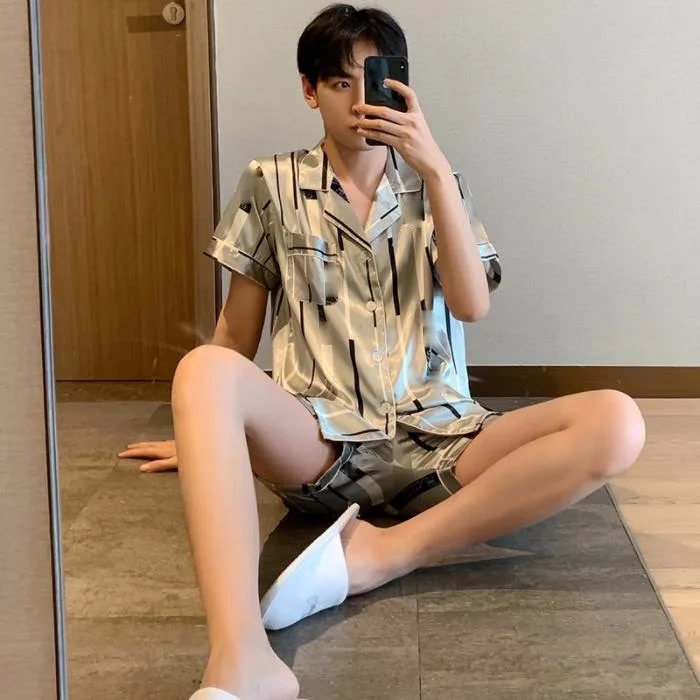 

Summer Silk Male Sleepwear Men Pyjamas Plus Size Short Sleeve Home Wear Autumn Boy Pajama Set Leisure Sleepwear Set