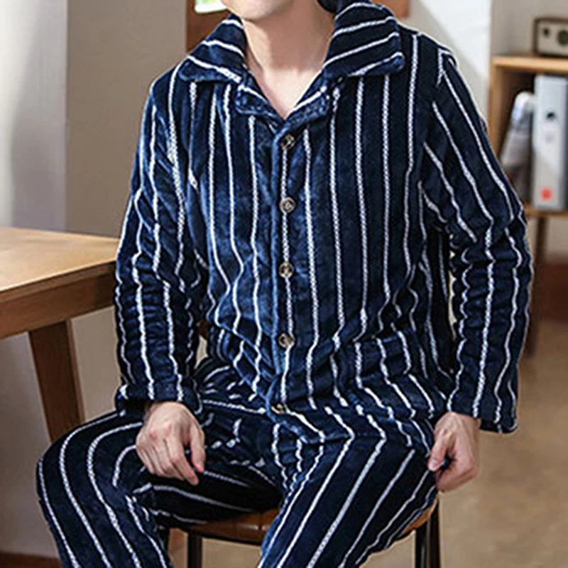 Autumn Winter Thick Warm Flannel Pajama Sets For Men Long Sleeve Coral Velvet Sleepwear Suit Loungewear Homewear Home Clothes