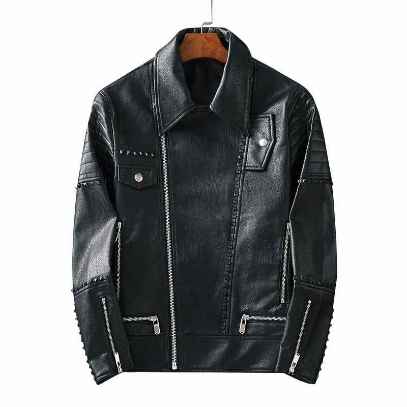 

2021 Solid Black Rivet Leather Jackets Men High Street Lapel Neck Zipper Rib Sleeve Streetwear PU Motorcycle Faux Leather Coats