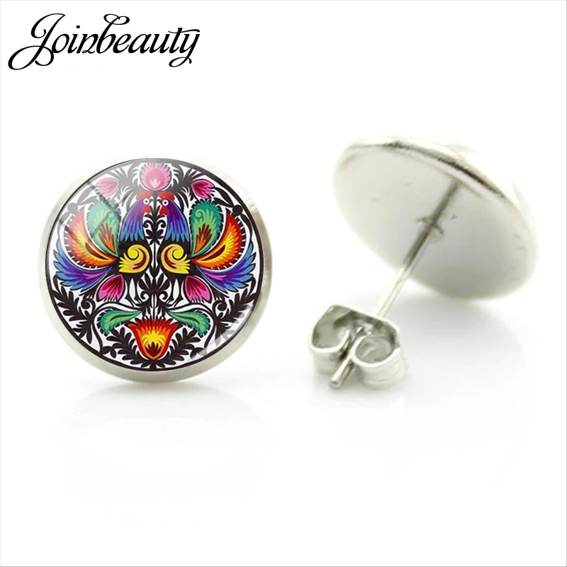 JOINBEAUTY польские народные серьги-гвоздики с цветочным принтом кабошоны