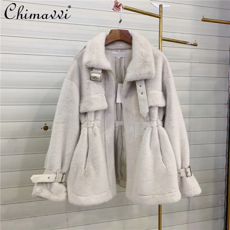 

2021 Winter Clothes Korean Fashion Fur Integrated Mink Velvet Coat Women Slim Stand Collar Motorcycle Mid-Length Faux Fur Jacket