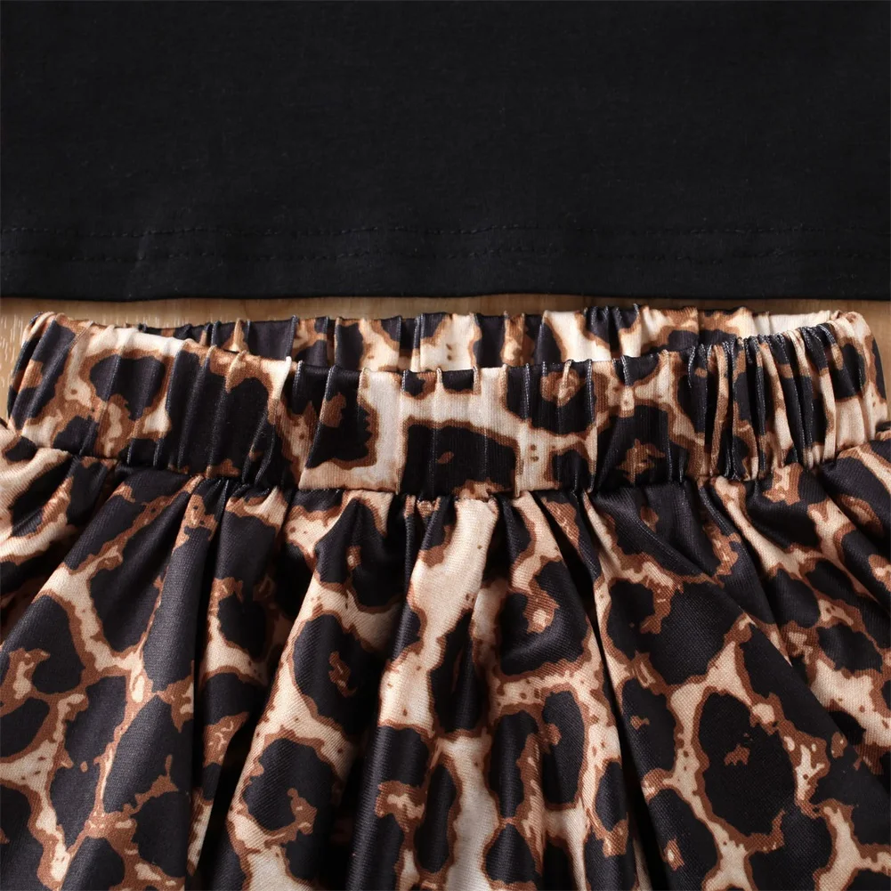 

1-6T Summer Toddler Kids Baby Girls Leopard Clothes Heart Shape Short Sleeve Top Shirt Ruffle Skirts Outfit 2Pcs Sets 1-6T