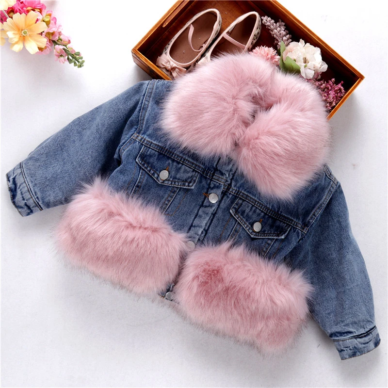 Зимние пальто для девочек детские джинсовые куртки с мехом теплая флисовая