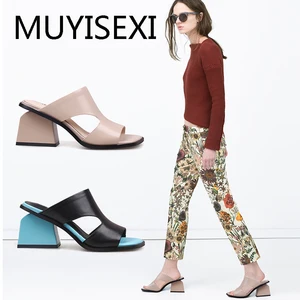 Шлепанцы женские из натуральной кожи, с открытым носком, на высоком квадратном каблуке, повседневные, абрикосовые, черные HL89