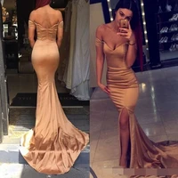 2019 rose gold off shoulder long prom dresses sexy mermaid side split evening dress wear cheap formal floor length party dress