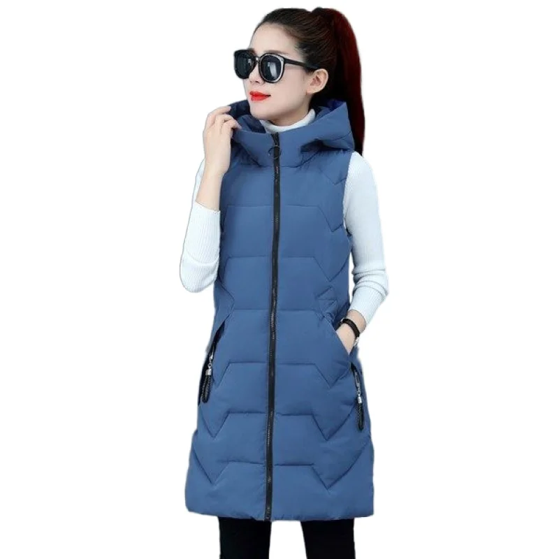 

2022 women Long vest coat women Casual thick warm Autumn hooded sleeveless waistcoat female cotton padded jacket