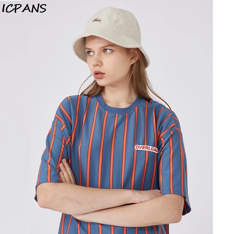 ICPANS корейский стиль свободный Вертикальная полосатая футболка с коротким