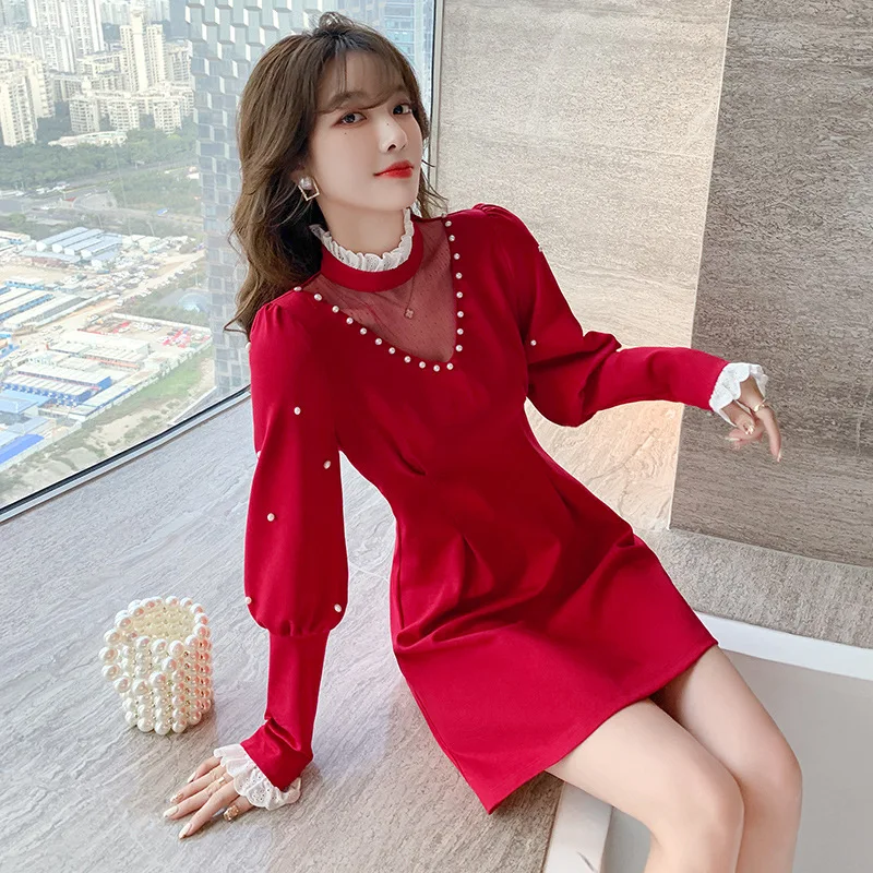 

Spring Red Luxurious Splicing Net Yarn Sexy Elegant Pastel Vestidos Trendy Sweet Mini Dress Women French retro Women Clothes