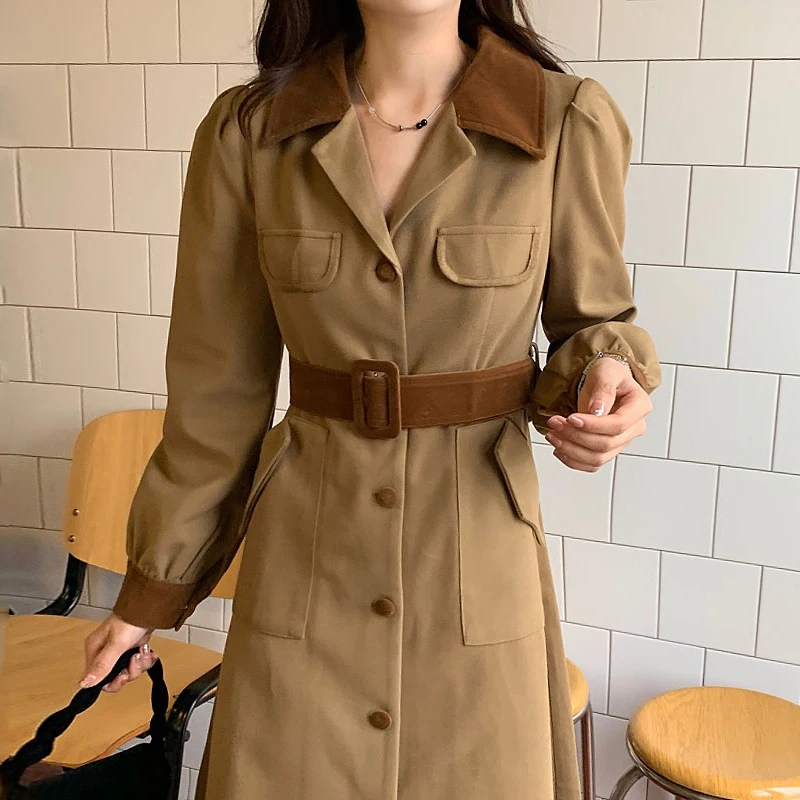 

Dresses Women 2021 New Korean Fashion Retro Elegant Hit Color Suit Collar Single-breasted Lace-up Waist Puff Sleeve Long Dress