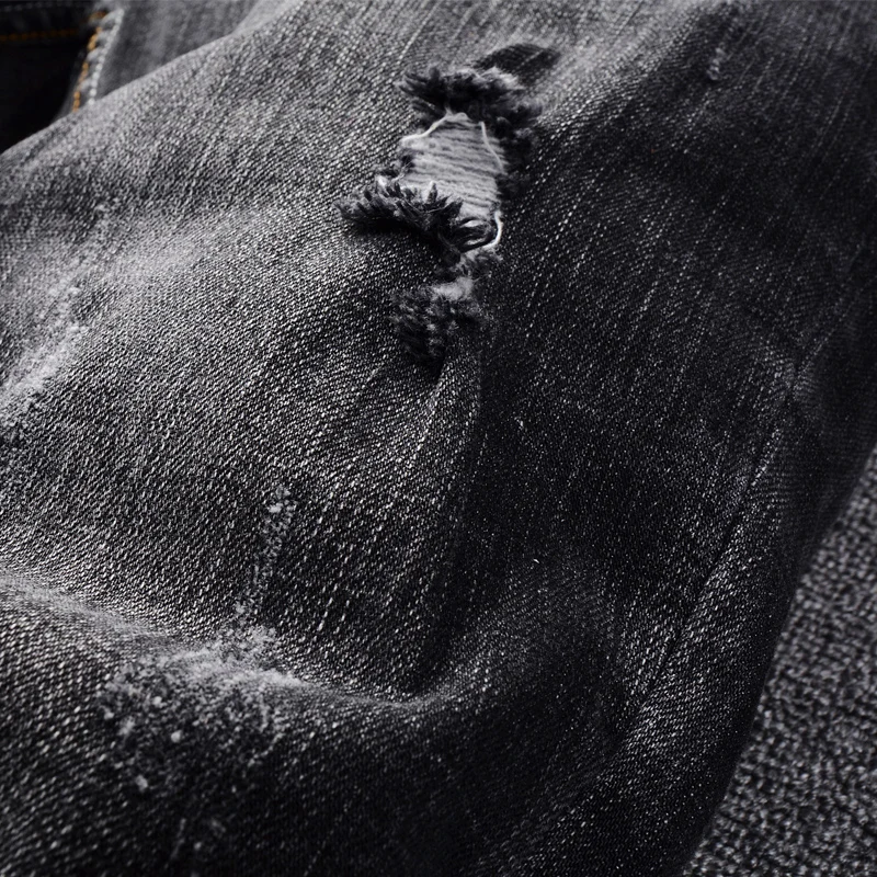 Italian Style Fashion Men Jeans Retro Black Gray Elastic Slim Fit Ripped Jeans Men Vintage Designer Casual Cotton Denim Pants