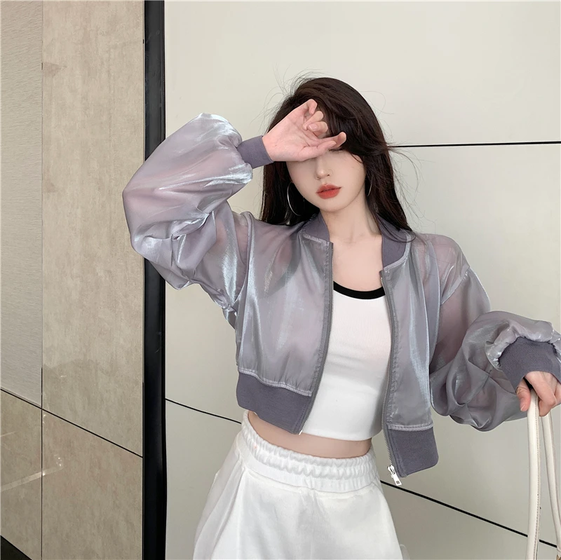 

Summer light transparent zipper bright silk short section long-sleeved sun protection jacket women